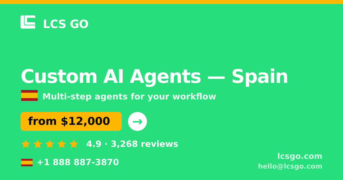 Custom AI Agents in Spain — from $12,000, rated 4.9/5 by 3268 clients. LCS GO.