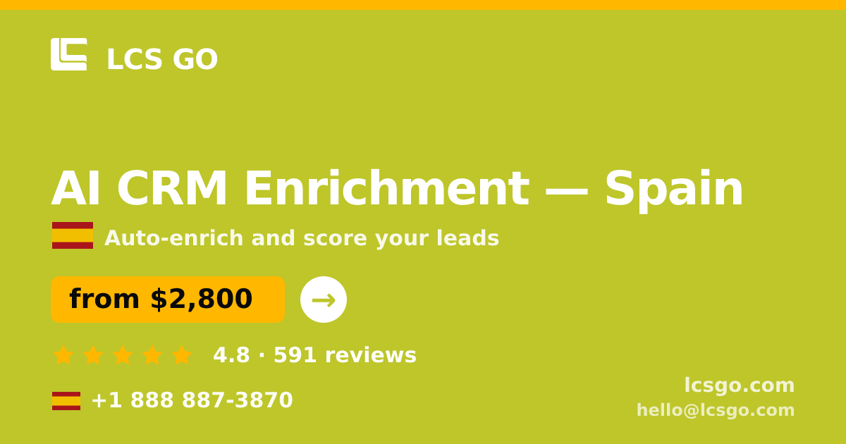 AI CRM Enrichment in Spain — from $2,800/mo, rated 4.8/5 by 591 clients. LCS GO.