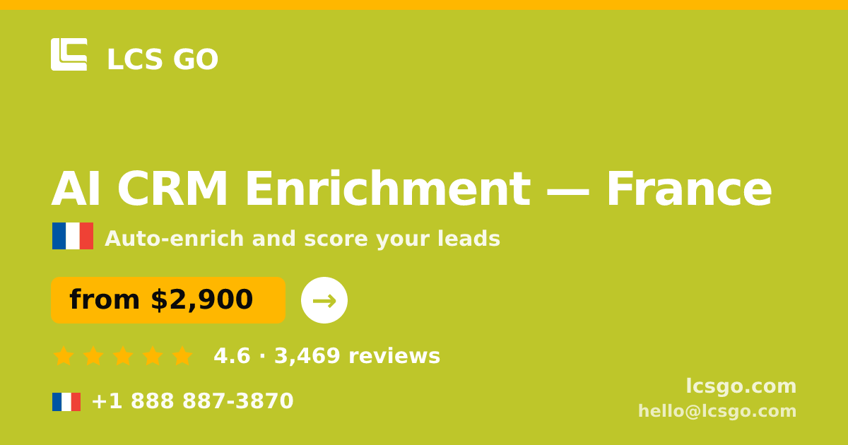 AI CRM Enrichment in France — from $2,900/mo, rated 4.6/5 by 3469 clients. LCS GO.
