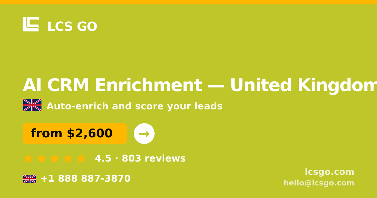 AI CRM Enrichment in United Kingdom — from $2,600/mo, rated 4.5/5 by 803 clients. LCS GO.