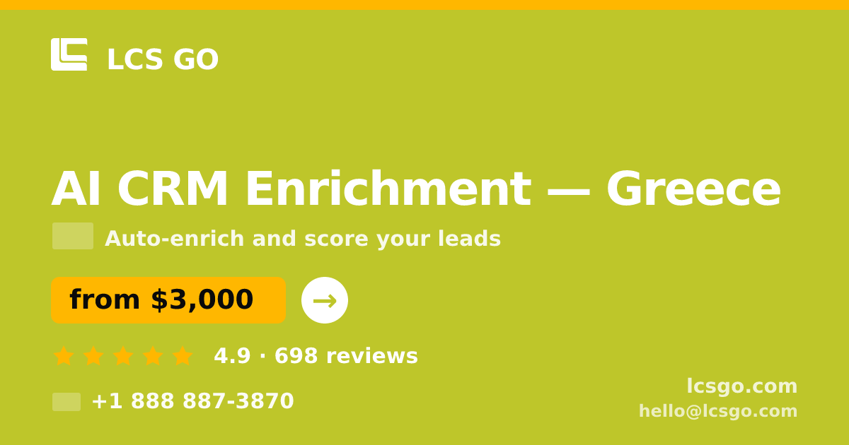 AI CRM Enrichment in Greece — from $3,000/mo, rated 4.9/5 by 698 clients. LCS GO.