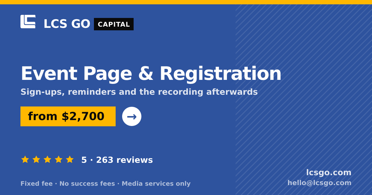 Event Page & Registration — from $2,700, rated 5/5 across 263 reviews. LCS GO.