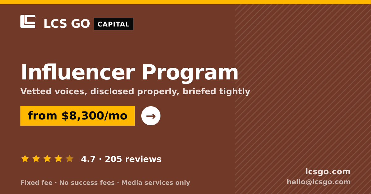 Influencer Program — from $8,300/mo, rated 4.7/5 across 205 reviews. LCS GO.