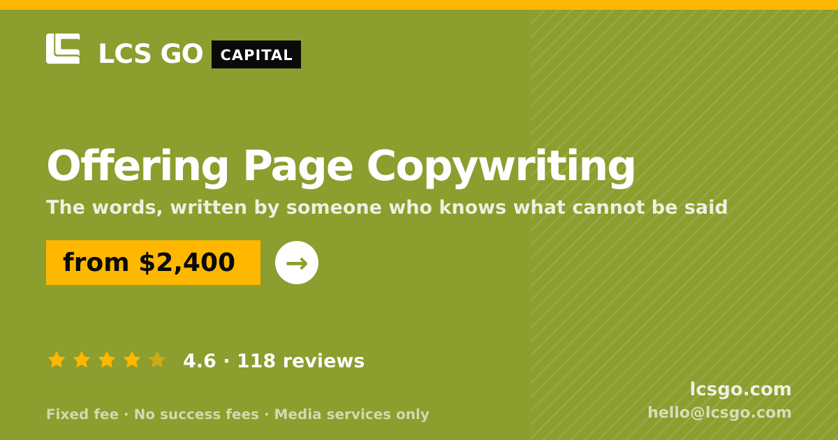 Offering Page Copywriting — from $2,400, rated 4.6/5 across 118 reviews. LCS GO.