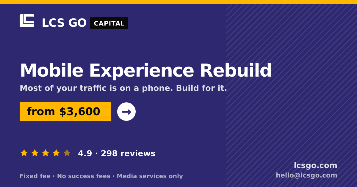 Mobile Experience Rebuild — from $3,600, rated 4.9/5 across 298 reviews. LCS GO.