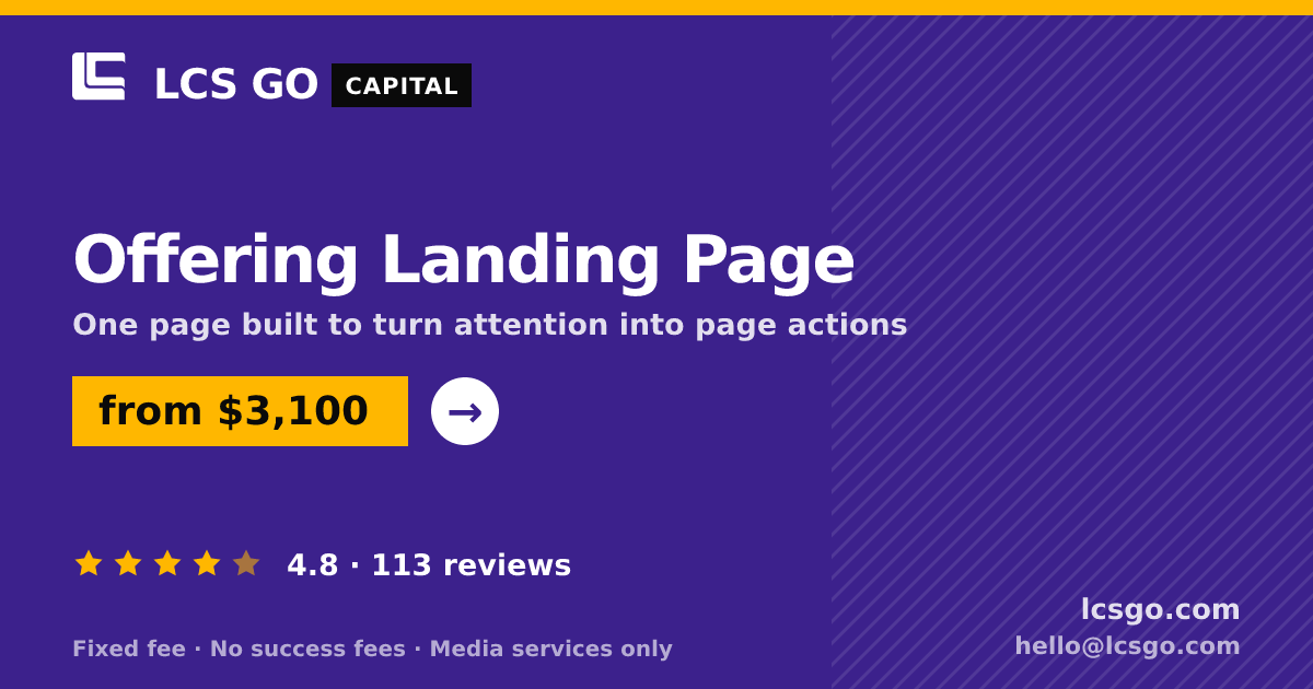 Offering Landing Page — from $3,100, rated 4.8/5 across 113 reviews. LCS GO.