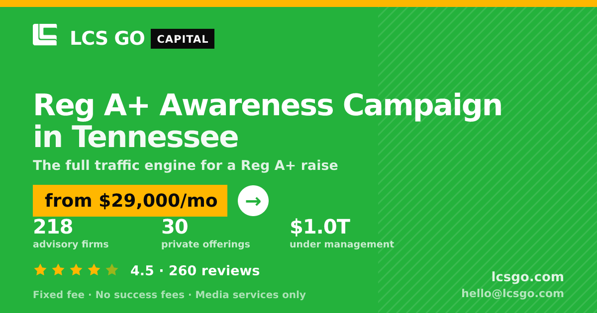 Reg A+ Awareness Campaign in Tennessee — from $29,000/mo, rated 4.5/5 across 260 reviews. LCS GO.