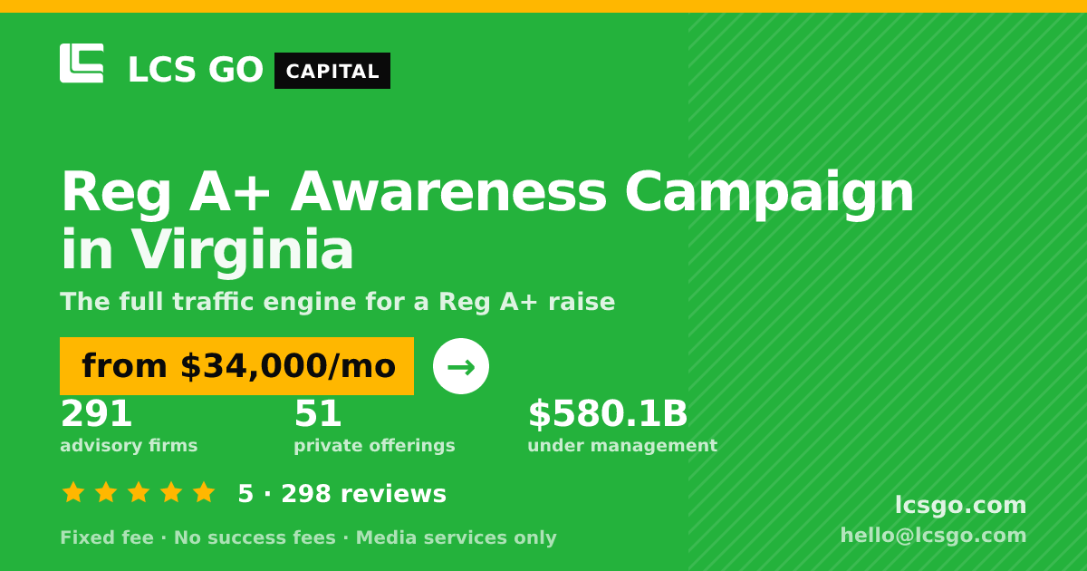 Reg A+ Awareness Campaign in Virginia — from $34,000/mo, rated 5/5 across 298 reviews. LCS GO.