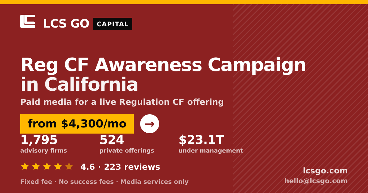 Reg CF Awareness Campaign in California — from $4,300/mo, rated 4.6/5 across 223 reviews. LCS GO.
