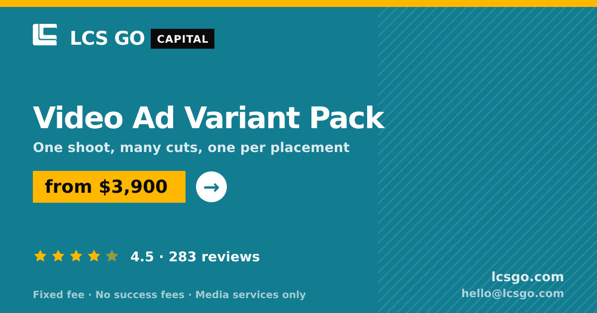 Video Ad Variant Pack — from $3,900, rated 4.5/5 across 283 reviews. LCS GO.