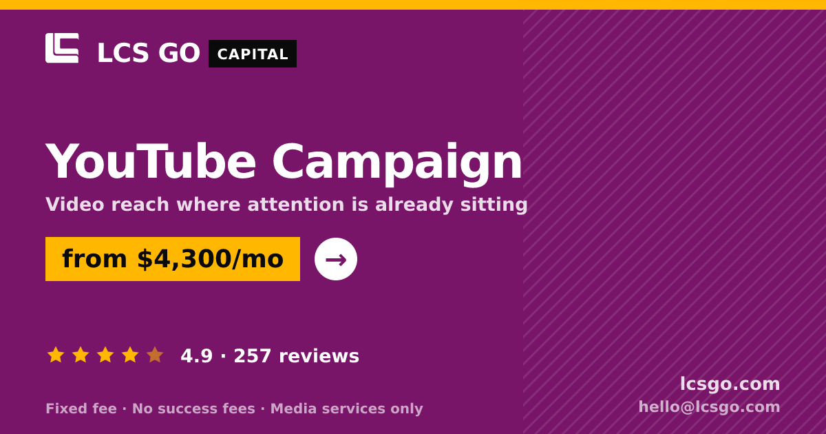 YouTube Campaign — from $4,300/mo, rated 4.9/5 across 257 reviews. LCS GO.