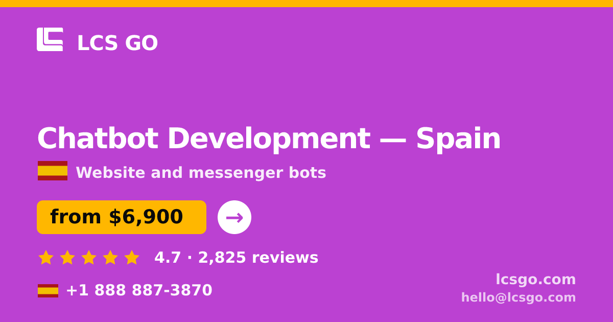 Chatbot Development in Madrid — from $6,300, rated 4.7/5 by 2828 clients. LCS GO.