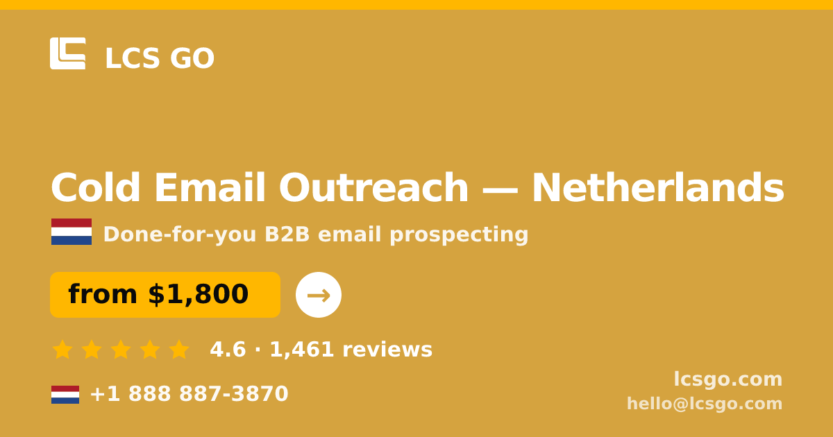 Cold Email Outreach in Amsterdam — from $2,100/mo, rated 4.8/5 by 2018 clients. LCS GO.