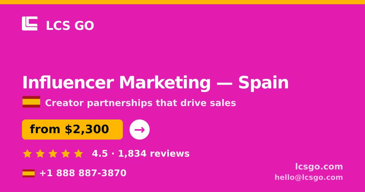 Influencer Marketing in Spain — from $2,300/mo, rated 4.5/5 by 1834 clients. LCS GO.