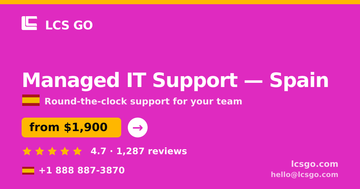 Managed IT Support in Spain — from $1,900/mo, rated 4.7/5 by 1287 clients. LCS GO.