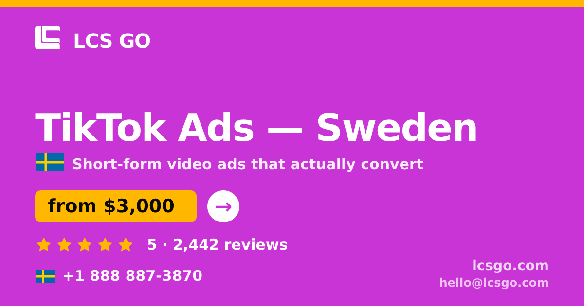 TikTok Ads in Sweden — from $3,000/mo, rated 5/5 by 2442 clients. LCS GO.