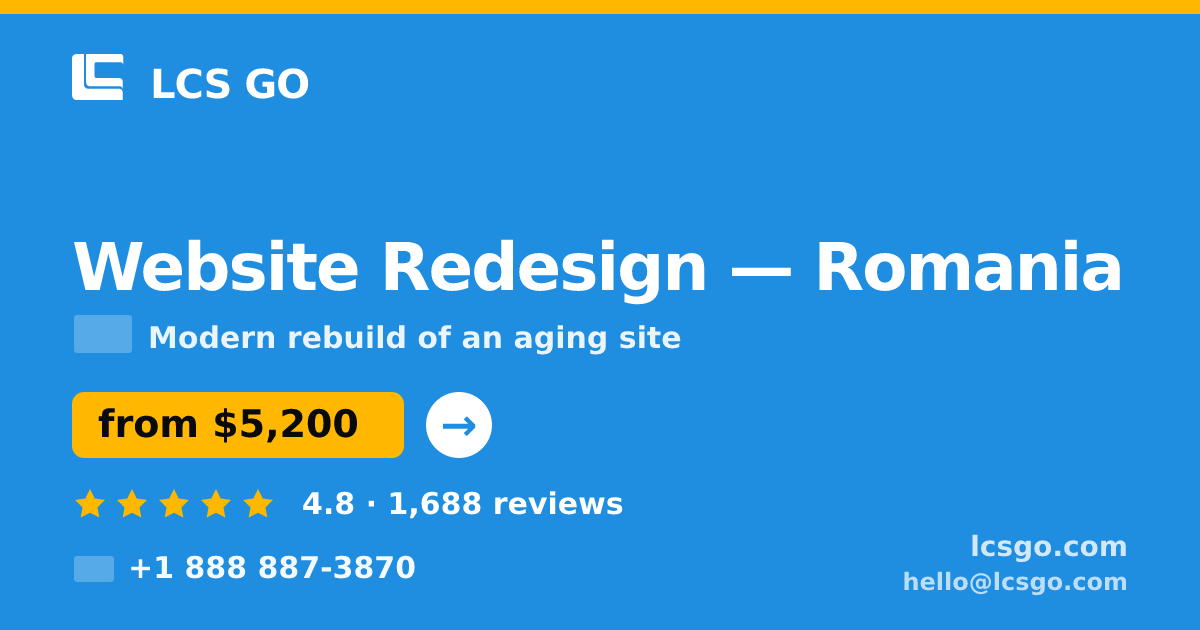 Website Redesign in Romania — from $5,200, rated 4.8/5 by 1688 clients. LCS GO.